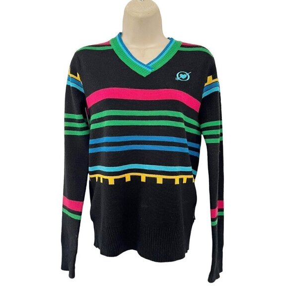 Obermeyer Womans Sz S Black Pink Blue Striped V Neck Wool Blend Pullover Sweater - Picture 1 of 8